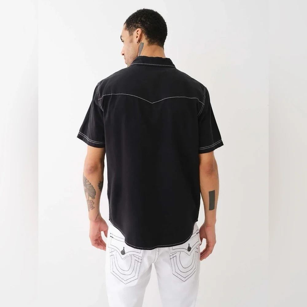 True Religion Big T Western Shirt Black Contrast Stitch Snap Button SS Sz Medium